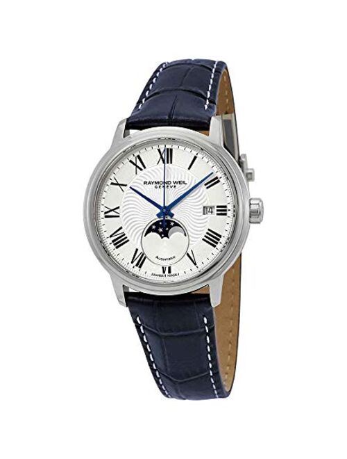 RAYMOND WEIL Men's Maestro Stainless Steel Swiss Automatic Watch with Calf Leather with Alligator Motif Strap, Blue, 19 (Model: 2239-STC-00659)