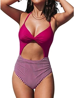 Women's One Piece Swimsuit Cutout Halter Lace Up Twist Bathing Suit