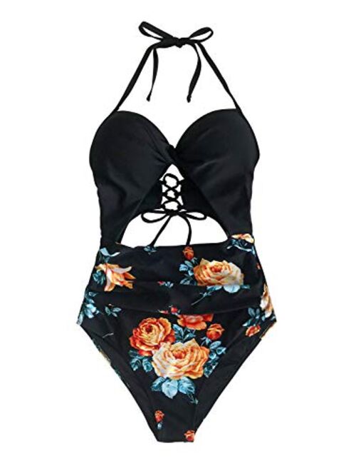 CUPSHE Women's One Piece Swimsuit Cutout Halter Lace Up Twist Bathing Suit