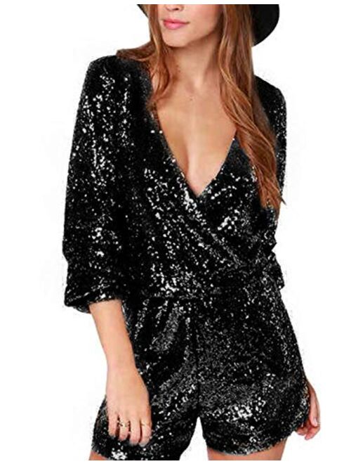 Naliha Women Sexy Jumpsuits Rompers Sequin Long Sleeve V Neck Shorts Jumpsuit Romper