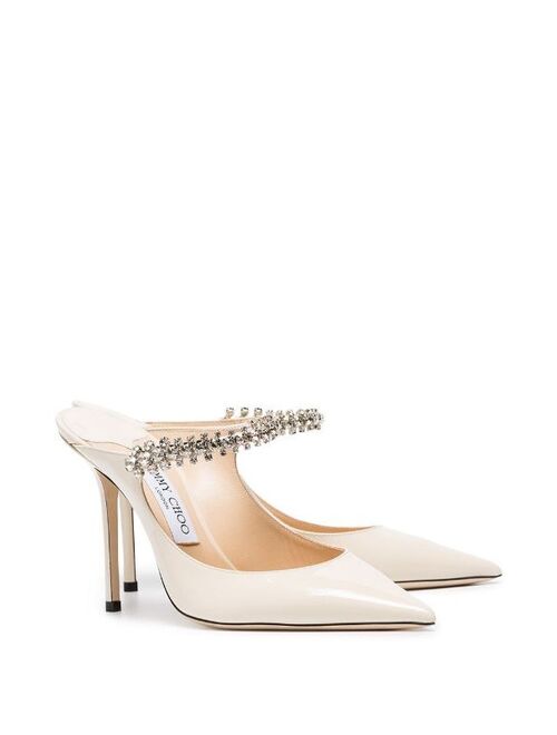 Jimmy Choo linen white Bing 100 crystal anklet patent leather mules