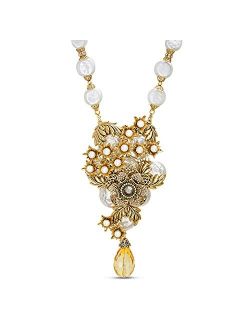 Simulated Pearl Rhinestone Teardrop Yellow Flower Statement Necklace for Women Adjustable 19 - 22 Inches
