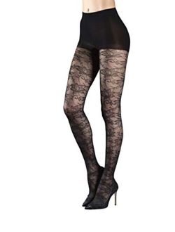 Luxury Fashion Micro Net Tights with Rose Lace Floral Pattern & Control Top, Black, Small