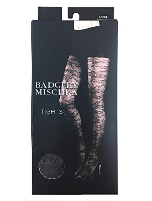 Badgley Mischka Luxury Fashion Micro Net Tights with Rose Lace Floral Pattern & Control Top, Black, Small