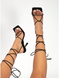 Tie Leg Detail Stiletto Heeled Strappy Sandals