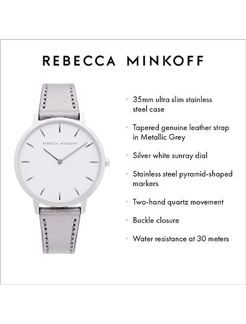 Rebecca Minkoff Women's Stainless Steel Quartz Watch with Leather Calfskin Strap, Grey, 16 (Model: 2200366)