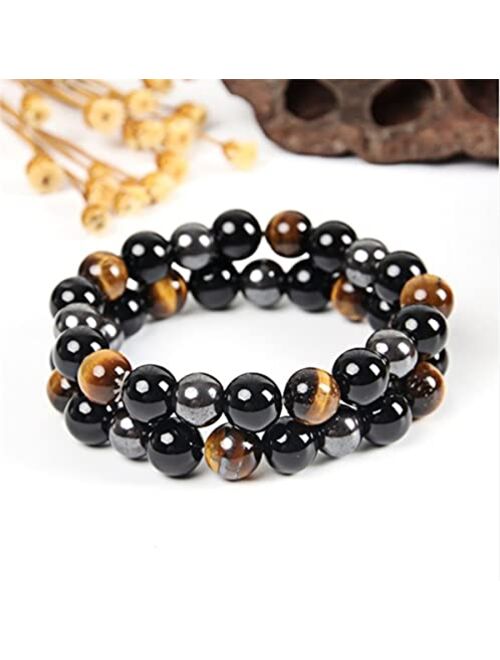 Wfj Black Obsidian Hematite Triple Protection Bracelet Tiger Eye Beads Bracelets for Men and women（10MM）, Set of 2 black,gray 19cm