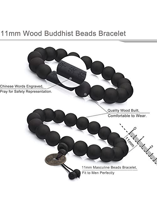 FIBO STEEL 2Pcs 11mm Wood Beaded Bracelet for Men Buddhist Beads Elastic