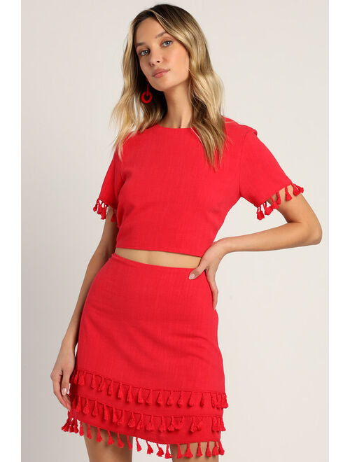 Lulus Made for Madrid Red Tasseled Two-Piece Mini Dress Set