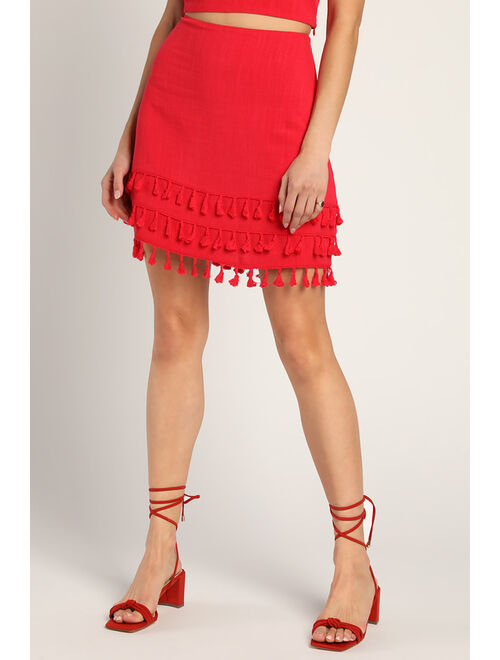 Lulus Made for Madrid Red Tasseled Two-Piece Mini Dress Set
