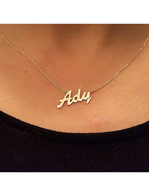 Jewee Diamond 14k Gold Personalized Name Necklace, Cursive Handwriting Font Custom Made Nameplate Pendant, Precious Metals Solid Gold Monogram Name Necklace Jewelry Gift 