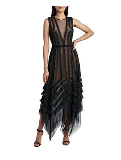 BCBGMAXAZRIA Fit and Flare Cocktail Evening Dress with Asymmetrical Hem and Mesh Overlay