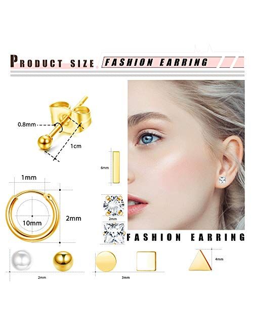FIBO STEEL 10 Pairs Stainless Steel Tiny Stud Earrings for Women Small CZ Ball Circle Triangle Square Bar Ear Studs Cartilage Hoop Ear Piercings
