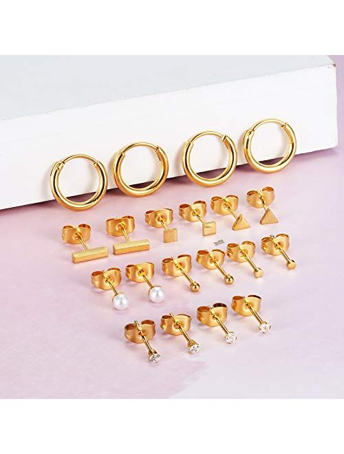 FIBO STEEL 10 Pairs Stainless Steel Tiny Stud Earrings for Women Small CZ Ball Circle Triangle Square Bar Ear Studs Cartilage Hoop Ear Piercings