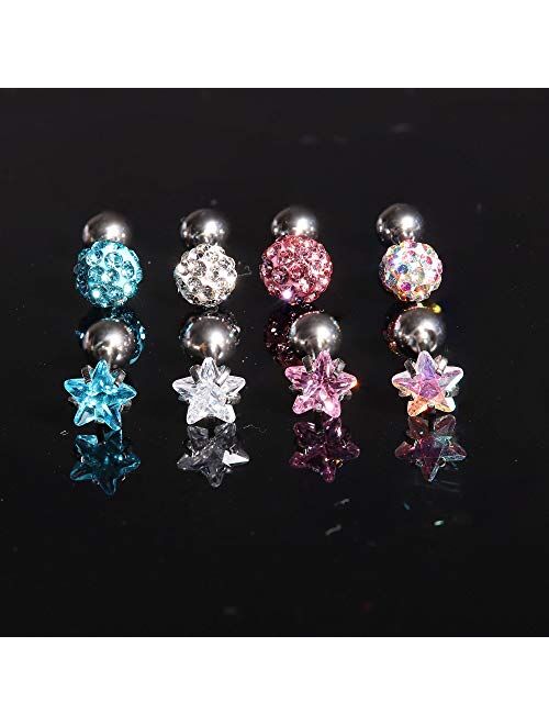 LOYALLOOK 8 Pairs Cartilage Earrings 18G Surgical Steel Earrings Colorful Screw Back Earrings CZ Ball Heart Star Square Round Tragus Helix Earrings