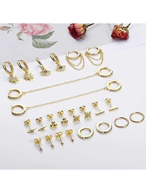 IRONBOX 12Pairs Dangle Hoop Earrings Evil Eye Earrings Starburst Earrings Gold Chain Earrings Mini Hoop Ball Bar Studs Set for Women