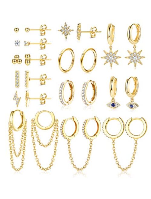 IRONBOX 12Pairs Dangle Hoop Earrings Evil Eye Earrings Starburst Earrings Gold Chain Earrings Mini Hoop Ball Bar Studs Set for Women