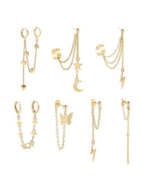 FERIER 7 Pcs Chain Hoop Earrings, Huggie Wrap Earrings with Chain Dainty Minimalist Chain Cuff Earrings Jewelry Gift for Women Girls