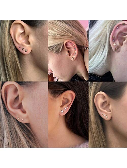 LOYALLOOK 12 Pairs Stainless Steel Stud Earrings for Women Men CZ Bar Ball Star Moon Heart Pearl Cross Disc Square Stud Earrings Cute Tiny Cartilage Geometric Stud Earrin