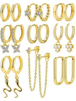 17 MILE Small Gold Huggie Hoop Earrings for Women Girls,14K Gold Plated Earring Set, Huggies Earrings, Cartilage Hoop Earring, 9/6/4PCS Trendy Dainty Tiny Cubic Zirconia 