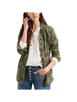 Women's Long Sleeve Button Up Camo Printed Utility Jacket
