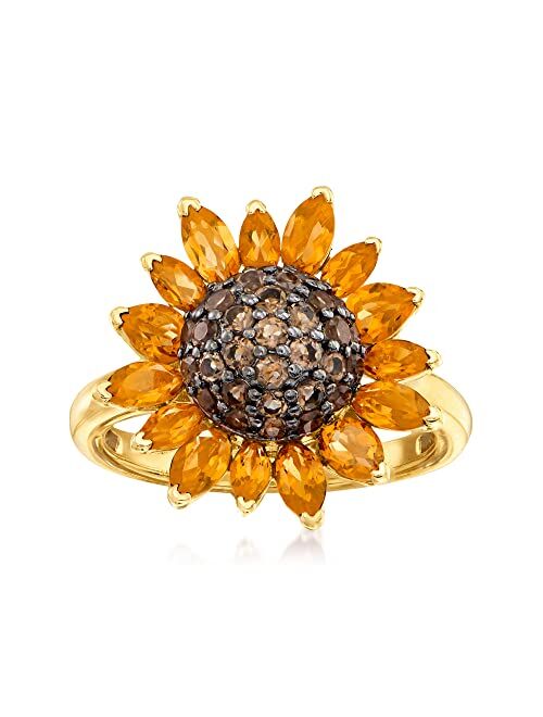Ross-Simons 1.70 ct. t.w. Citrine and .80 ct. t.w. Smoky Quartz Sunflower Ring in 18kt Gold Over Sterling