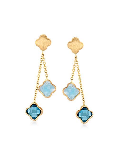 Ross-Simons Italian 1.90 ct. t.w. London Blue Topaz and 1.40 ct. t.w. Aquamarine Flower Drop Earrings in 14kt Yellow Gold