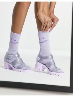 Juju jelly heeled shoes in clear glitter with lilac contrast sole