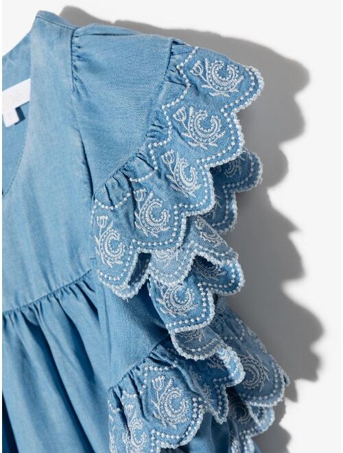 Chloé Kids embroidered-sleeve chambray dress