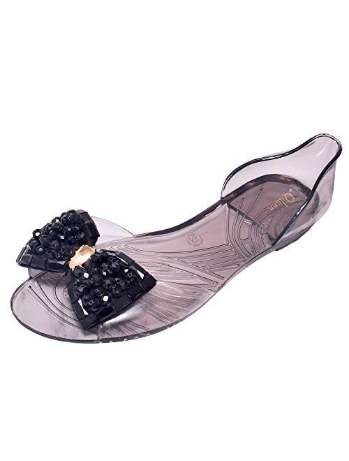 Qilunn Women's Crystal Sandals Bow Pearl D-orsay Jelly Slip on Outdoor Rain Flats Sandals
