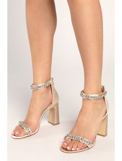 Jewel by Badgley Mischka Odessa Champagne Satin Rhinestone Ankle Strap Heels