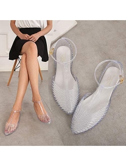Yehopere Women's T-Strap Jelly Sandal Pointed Toe Clear Summer Beach Flat Sandals