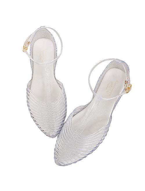 Yehopere Women's T-Strap Jelly Sandal Pointed Toe Clear Summer Beach Flat Sandals