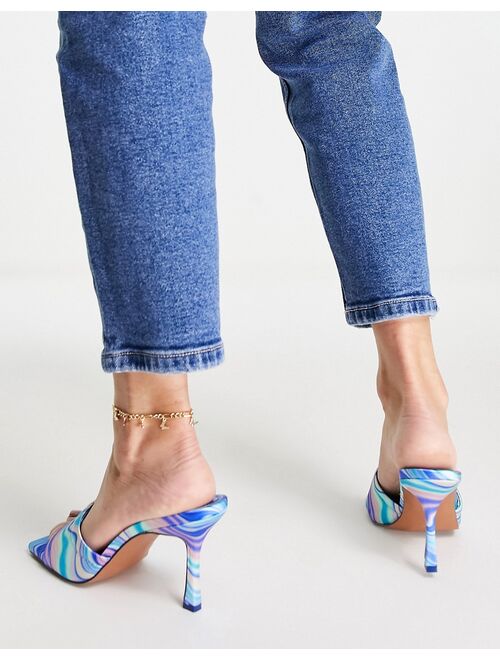ASOS DESIGN Harvey mid heeled mule sandals in blue print