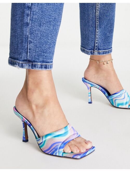 ASOS DESIGN Harvey mid heeled mule sandals in blue print