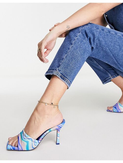ASOS DESIGN Harvey mid heeled mule sandals in blue print