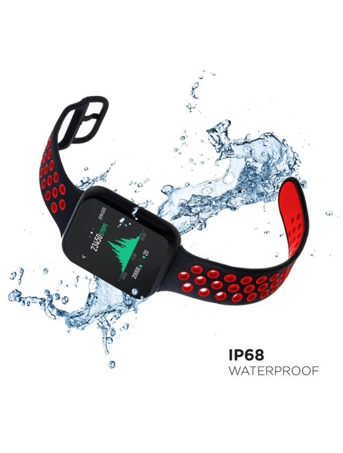 iTouch Air 3 Unisex Touchscreen Smartwatch Fitness Tracker: Black Case with Black/Red Perforated Strap 44mm
