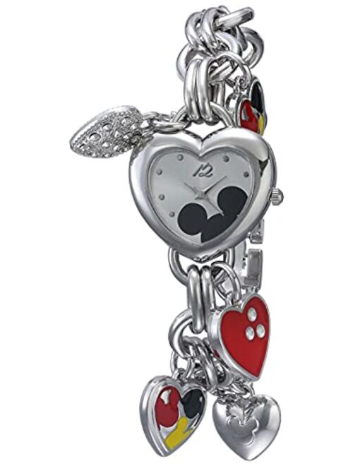 Accutime Disney Women's MK2058 Mickey Mouse Silver-Tone Sunray-Dial Charm Bracelet Watch
