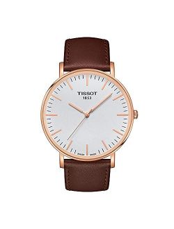 Men's Everytime 316L Stainless Steel case with Rose Gold PVD Coating Swiss Quartz Watch with Leather Strap, Brown, 21 (Model: T1096103603100)