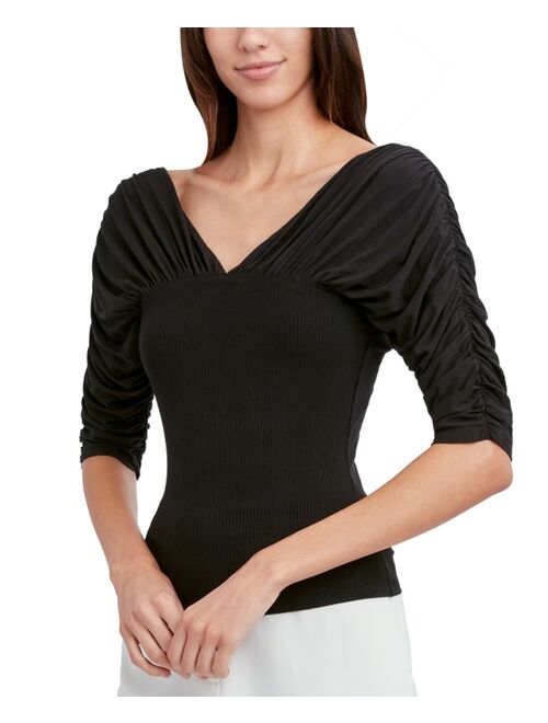 BCBGMAXAZRIA Ruched Elbow Sleeve Top