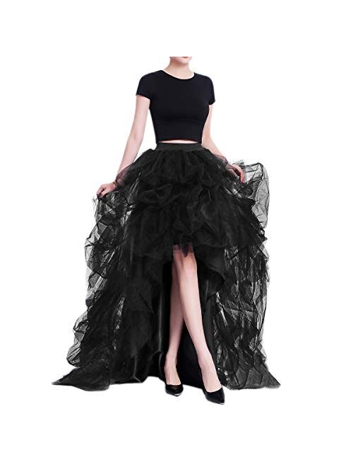 WDPL Women's Long High Low Ruffles Party Tulle Skirt