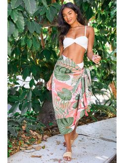 Bay Sky Let's Get Tropical Pink and Green Leaf Print Swim Cover-Up Scarf