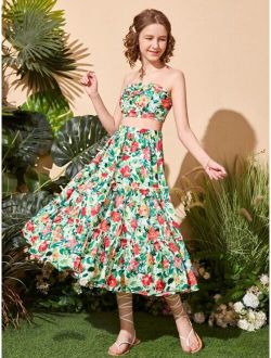 Teen Girls Floral Print Knotted Front Tube Top & Ruffle Hem Skirt