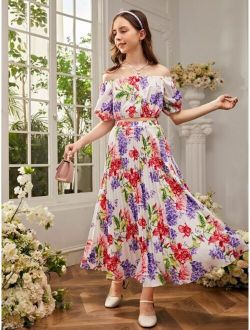 Teen Girls Floral Print Bardot Top Pleated Skirt Set