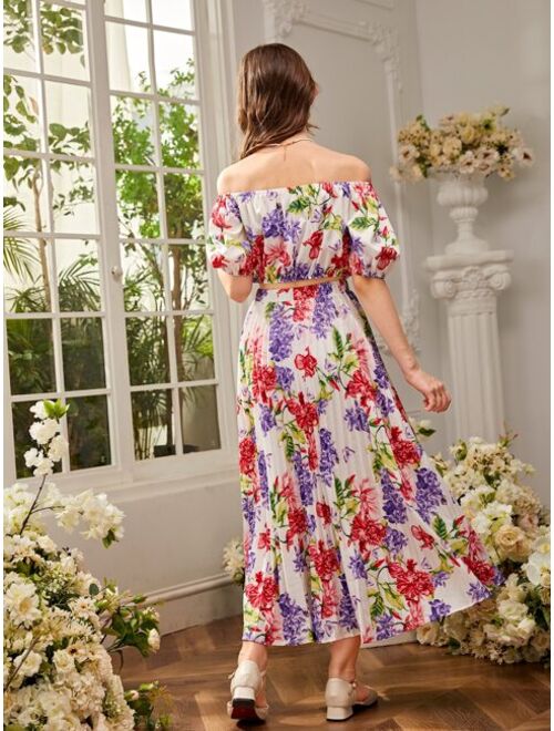 SHEIN Teen Girls Floral Print Bardot Top Pleated Skirt Set