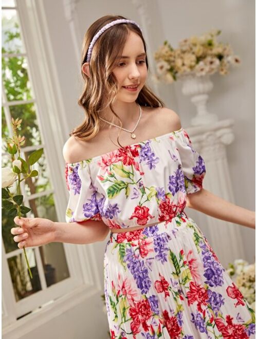 SHEIN Teen Girls Floral Print Bardot Top Pleated Skirt Set