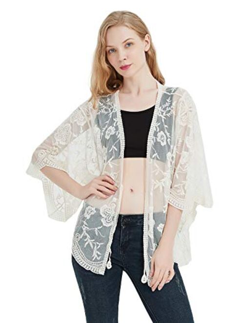 Anna Kaci Anna-Kaci Womens Short Embroidered Lace Kimono Crop Cardigan with Half Sleeves