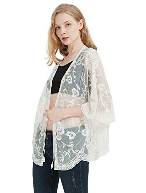 Anna Kaci Anna-Kaci Womens Short Embroidered Lace Kimono Crop Cardigan with Half Sleeves