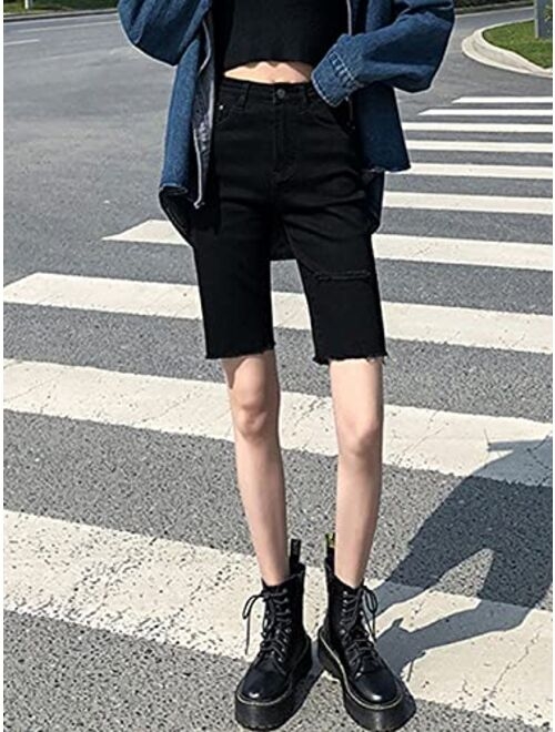 Anna Kaci Anna-Kaci Womens High Waist Ripped Hole Distressed Denim Short Jeans with Pockets