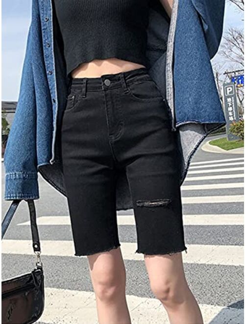 Anna Kaci Anna-Kaci Womens High Waist Ripped Hole Distressed Denim Short Jeans with Pockets